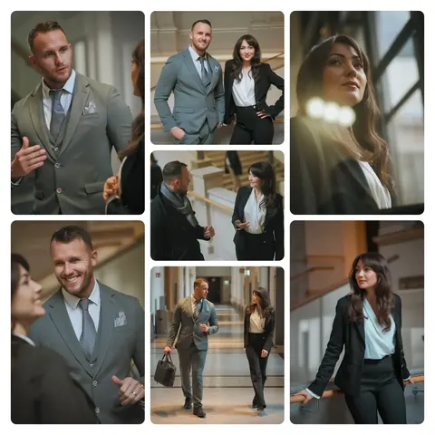 Multi-image corporate portrait story showing a suited professional in conversation, walking, presenting and interacting; the sequence demonstrates a complete leadership…