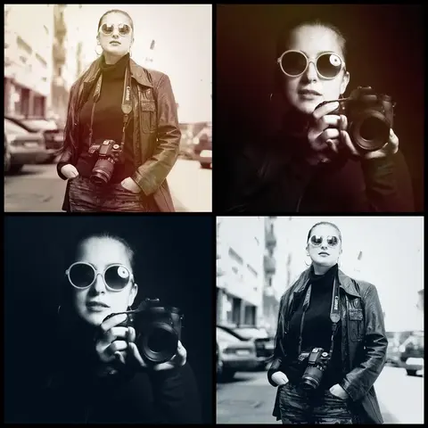 Four-frame monochrome fashion series of a woman in round sunglasses using a vintage camera; repetition and graphic styling build a distinctive creative persona.