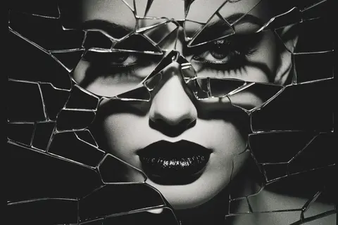 Graphic black-and-white conceptual portrait of a face appearing through fractured glass; sharp reflections and dark lipstick explore identity, fragmentation and visual…