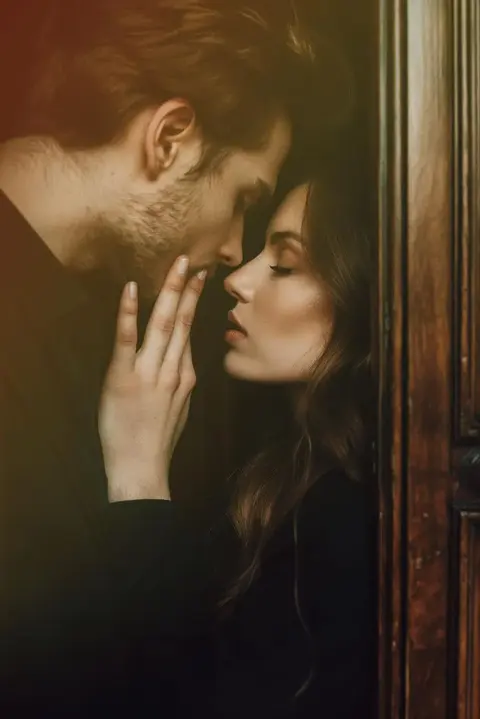 Intimate portrait of a couple facing each other in a doorway or reflective surface; hands and close eye contact create a restrained narrative of attraction and trust.
